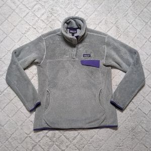 Patagonia Fleece Pullover Women's Large Gray Purple Trim Re-Tool Snap-T Kangaroo